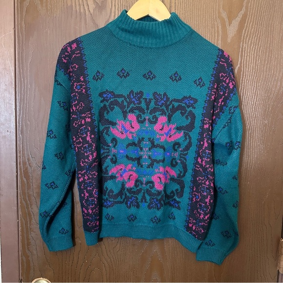 Vibrant Teal and Pink Women's Turtleneck Sweater - Picture 1 of 3